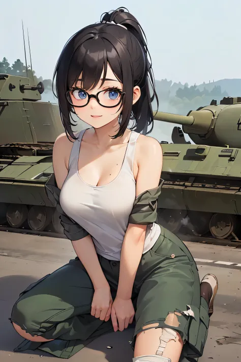 ((wide angle)), beautiful female veteran, black hair in a ponytail, smooth, wearing large glasses, cover up wounds, injuries, sm...