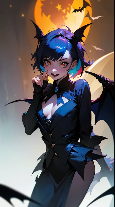 1girl,{random} face expression,funny pose,Halloween cosplay,party,vampire cosplay,small black bat wings,teeth fangs,smiling,detailed body,detailed face,detailed eyes,detailed hands,(best quality,4k,8k,highres,masterpiece:1.2),ultra-detailed,(realistic,phot...