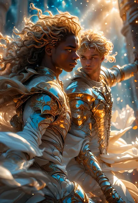 Duo in a celestial landscape, young dark-skinned duo in their 20s, in hell, they are fighting each other, he is a prince of the fallen angels with long curly caramel hair, she is a mixed-race princess, she has freckles, she is blonde with grey eyes, Full b...