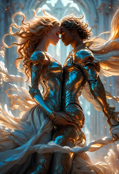 Passionate duo in a celestial landscape, young dark-skinned duo in their 20s, in hell, they are fighting each other, he is a prince of the fallen angels with long curly caramel hair, she is a mixed-race princess, she has freckles, she is blonde with grey e...