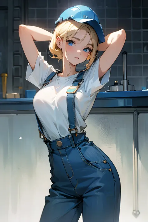 a beautiful young 20-year-old blond woman with pinned-up blond hair, He wears a white T-shirt and blue dungarees, Wearing a construction helmet and a tool belt, Hintergrund eine Baustelle