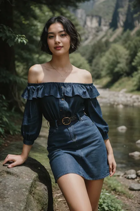 In the heart of a secluded valley, a beautiful 25-year-old girl with raven-black short hair stands as a beacon of elegance and tranquility amidst natures grandeur. With a stylish pose, she exudes an air of confidence and joy, her chestnut eyes sparkling wi...