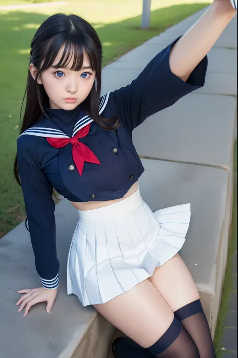 1girl, (solo), (selfie), (17 years old), big breast:1.5, ((beautiful anime eyes with fine detail)), realistic skin, sailor suit, (Navy blue pleated miniskirt), beauty of slender female legs, thigh-high socks,