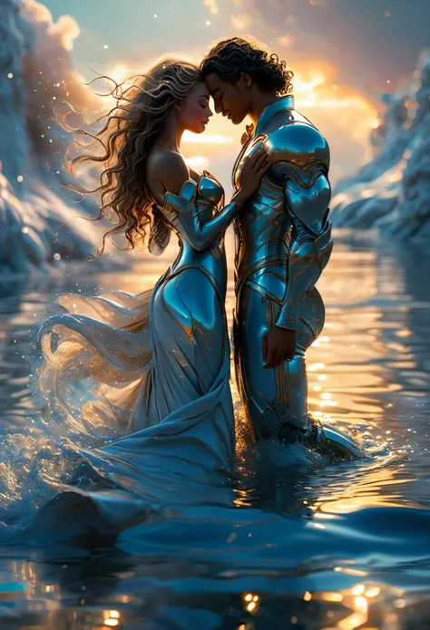 Loving couple in a celestial landscape, young dark-skinned couple in their 20s, in a lake, a man and a woman, he is a divine prince with long curly brown hair, she is a mixed-race blonde princess with grey eyes, Full body, 8K, extremely detailed, high qual...