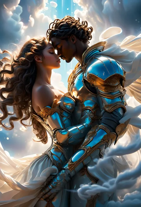 Passionate ((((darkskinned))) couple in a celestial landscape, young dark-skinned couple in their 20s, holding hands, on a heavenly cloud, a ((((darkskinned))) man and a ((((darkskinned))) woman, he is the chief of the celestial angel army, dark-haired wit...