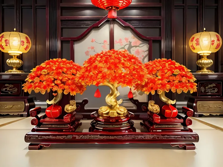 (masterpiece, best quality:1.2), 2 money tree，symmetry，in a room full of chinese new year flavor，red lantern（ （（充满奇幻元素的masterpie...