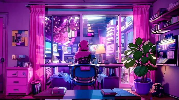 girls are traders, pink theme, style anime, computer, living room, in the computer screen is chart stock night light , (very det...