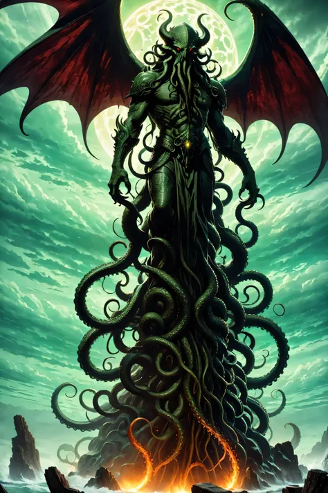 The mysterious emissary of Cthulhu,ominous dark atmosphere,The Awakened Ancient God,detailed tentacles,eyes of cosmic fear,memorial statue,bright colors,spider,terrible existence,strong and muscular,Under the moonlight,ominous shadow,Exquisite ancient rune...