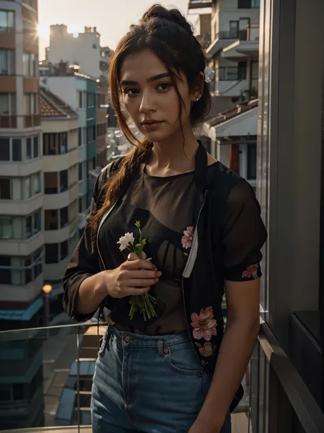 woman stands on the balcony and holds a bouquet of flowers, stock photo of Nadya Rusheva, Instagram contest winner, Aestheticism, photo taken on ektachrome, photo taken on Nikon D750, photo taken with Provia