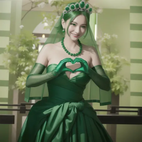 emerald tiara, green pearl necklace, ボーイッシュな非常に短いgreen hair, green lips, smiling japanese woman, very short hair, beautiful woma...