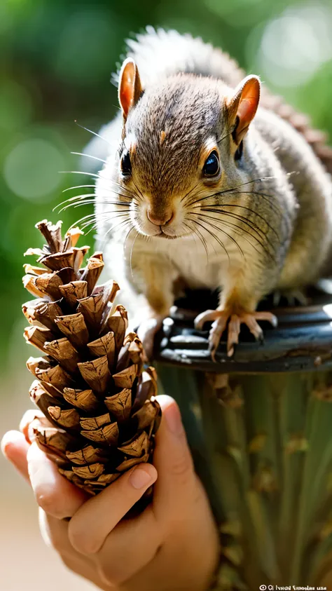 A baby squirrel brought home holding a pine cone with a cheerful expression,