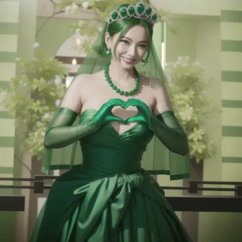 emerald tiara, green pearl necklace, ボーイッシュな非常に短いgreen hair, green lips, smiling japanese woman, very short hair, beautiful woma...