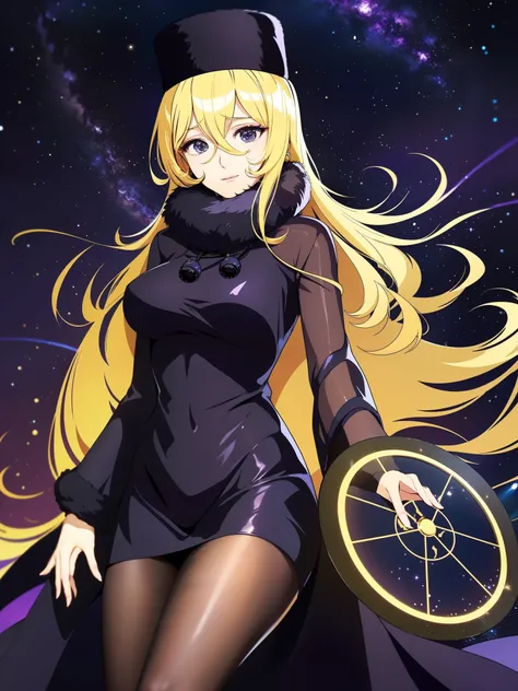 『galaxy express 999』、maetel、steam locomotive in space、blonde、speaking of her clothes、he was dressed entirely in black, with a bl...