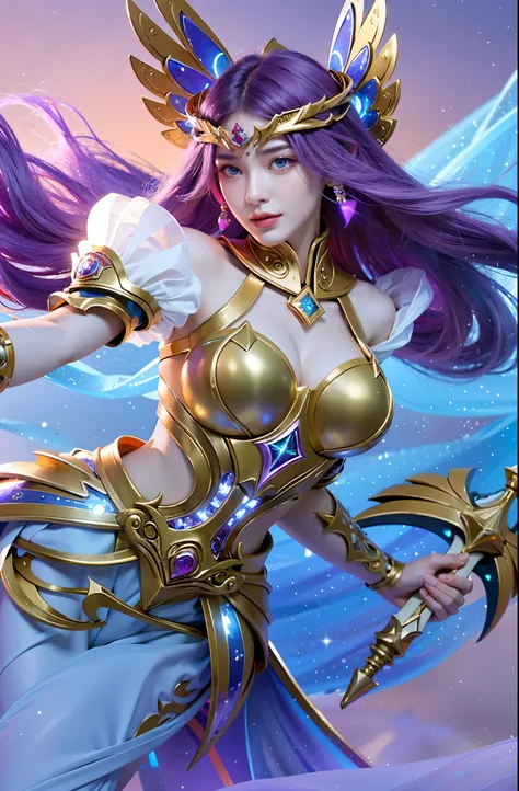 (a close up of the girl:1.1,portrait,ultra-detailed) girl with (purple hair, vibrant:1.1) and a (silver sword, shiny and detailed:1.1). She is part of the (Knights of Zodiac, epic:1.1) group, wearing a (white and gold outfit:1.1) that symbolizes her powerf...