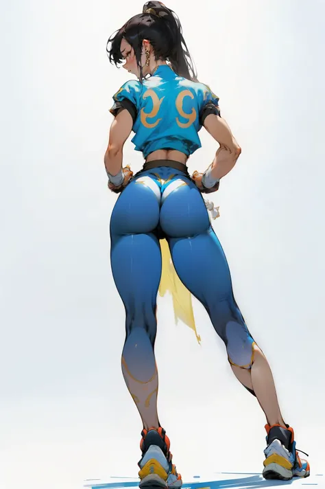 character turnaround sheet, female with longhair, slim waist, wide hips and thighs, perfect athletic physique, chun li, high quality, beautiful, full body, back shot only