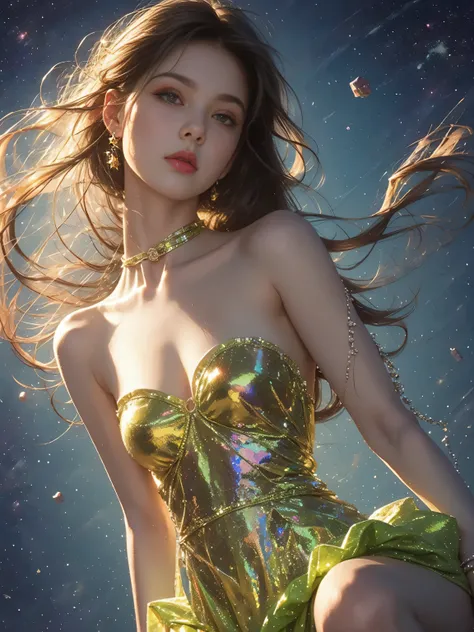 psychedelic style 1girl,alone,wide-angle lens,(wide dress made of milky way and stars:1.3),bare shoulders,strapless,jewelry,earr...