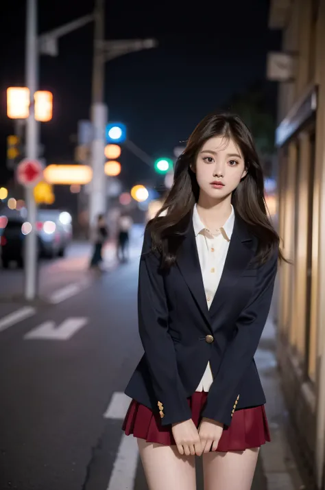 (8k, Best Quality, Masterpiece: 1.2), (Realistic, Photorealistic: 1.37), Super Detailed, ((One Beautiful Woman)), Alone, Tense Face, Beautifully Detailed Eyes, Medium Hair, (( Blazer uniform)), ((tanding, delicate legs, pulling the skirt, night, street, te...