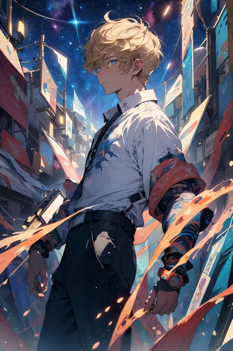 actual, (masterpiece, top quality, best quality, official art, Beauty and Aesthetics: 1.2), Very detailed, Fractal art, rich and colorful, most detailed, tangled, (abstract background: 1.5) (1 boy: 1.3), God, blonde hair, short hair, (glowing blue eyes, st...