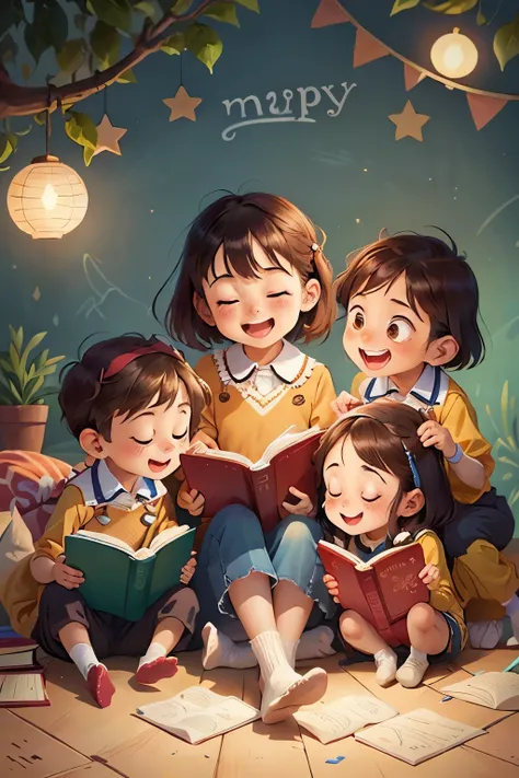 A group of children are reading，read a book，Colorful background，Very happy，many interesting books
