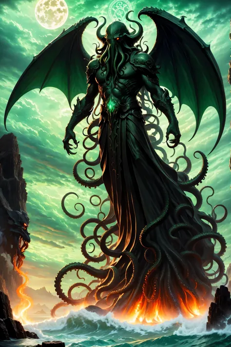 The mysterious emissary of Cthulhu,ominous dark atmosphere,The Awakened Ancient God,detailed tentacles,eyes of cosmic fear,memorial statue,bright colors,spider,terrible existence,strong and muscular,Under the moonlight,ominous shadow,Exquisite ancient rune...