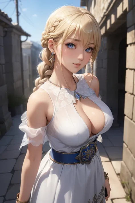 (masterpiece, super detailed,8k, high quality, best image quality)、realistic long eyelashes、eyeliner、eyeliner、highlight、eye light、(shiny skin:1.5、big breasts:1.3)、(masterpiece, super detailed,8k, high quality, best image quality)、sophitia_whitedress_aiwaif...