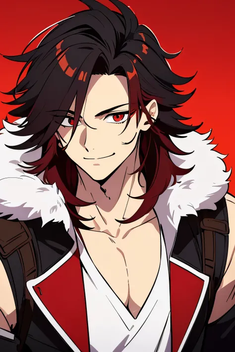 (high-quality, breathtaking),(expressive eyes, perfect face) 1boy, male, solo, young adult, black hair, red streaks in hair, red highlights, fire red eyes, soft wavy hair, medium hair length, soft smile, spiky hair, fluffy hair, black and red jacket, red s...