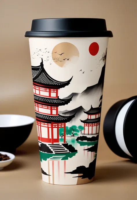 kraft paper cup，printing：geometric abstract ink，describe the jiangnan landscape architectural complex，wu guanzhong&#39;s style i...