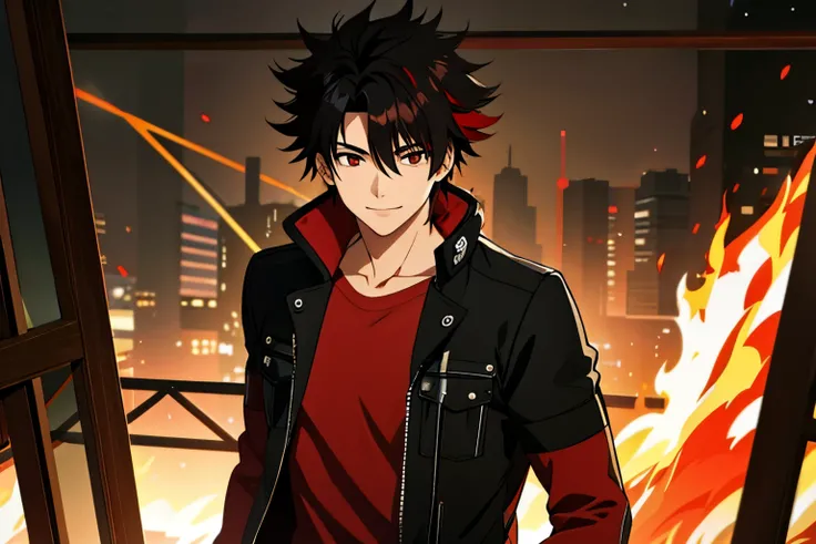 (high-quality, breathtaking),(expressive eyes, perfect face) 1boy, male, solo, young adult, black hair, red streaks in hair, red highlights, fire red eyes, soft wavy hair, short hair length, soft smile, spiky hair, fluffy hair, spiked up hair, black and re...