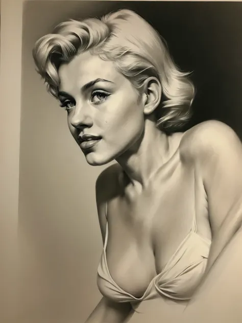 (A high resolution,Best quality,Realistic),(Portrait,Character) Marilyn Monroe,(Side view:1.1),Portrait in (Classic charcoal style:1.2) with (Fine, detailedshadows:1.1),The image is (Exceptional quality:1.2), with (Clears lines:1.1) and (Subtle tones:1.1) ...