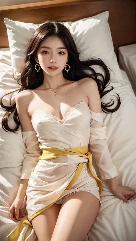 Ahri_Cosplay, White Tails, Black long hair, yellow eyes, ((Presented from a birds eye view)), Asian female model, A young girl, posing elegantly, ((Lie flat on the bed)), posing elegantly, Detailed scenes, Long messy hair, Brownish-yellow hair, light make-...