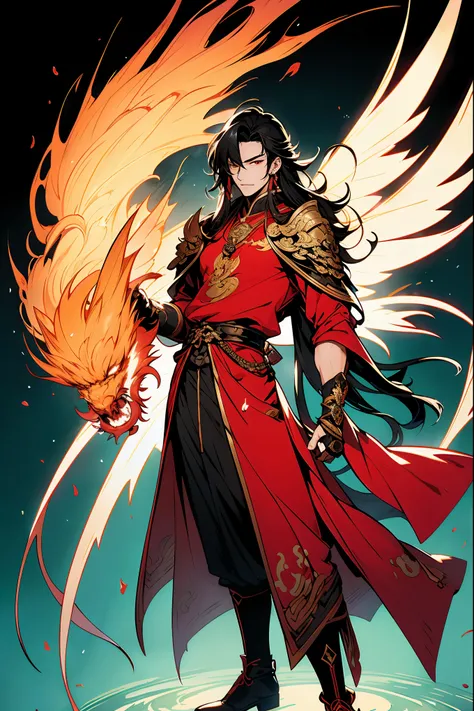 
A handsome Chinese guy wearing a red robe, leather boots, Miao silver necklaces and accessories.holding sword in hand.He has long black hair and a pair of phoenix eyes.One eye is blind. he closed his eyes.hua cheng, full body xianxia, like a male vampire....