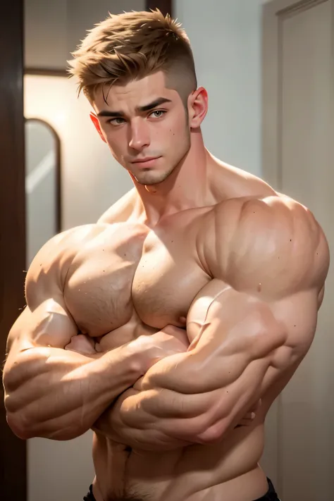 cute man, muscular, 21 year old, veiny, big muscles, arms crossed, cute smirk, shy, blushing, bigger chest, larger traps