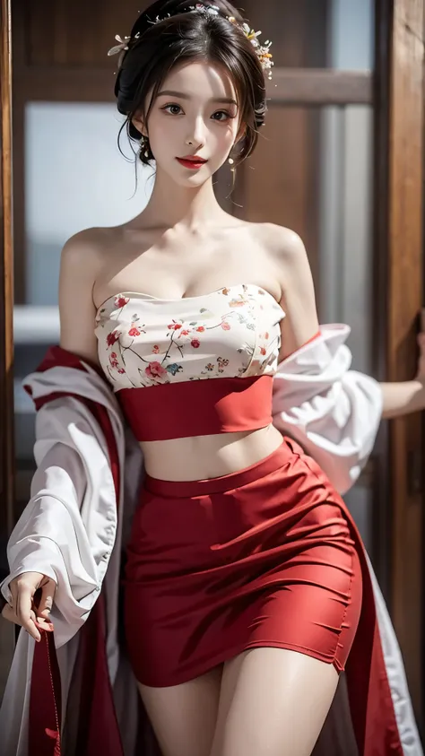 hanfu-song, hanfu, song theme, bandeau, tube top,  (masterpiece, best quality:1.2), 1girl, solo, ((bare shoulders)), (actual:1.37), ((bare shoulders)), random scene, Random shooting angle, Sweet maiden, beautiful妆容, Exquisite makeup, Extremely beautiful ey...