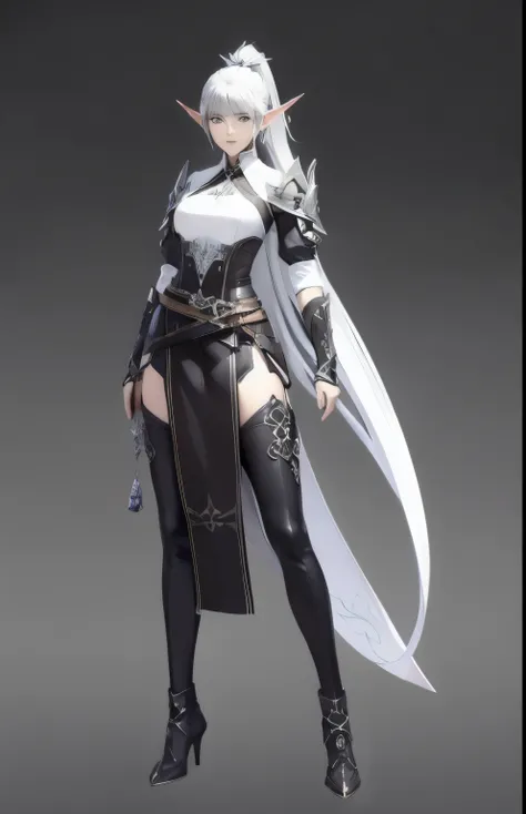((masterpiece, best quality)),concept art, Miss,, Detailed face,pointed ears, full body details, full of details, Very detailed, depth, many parts, White single ponytail,Rangers。beautiful Miss, muscular body, leather armor,Sackcloth clothes, leather bags,b...