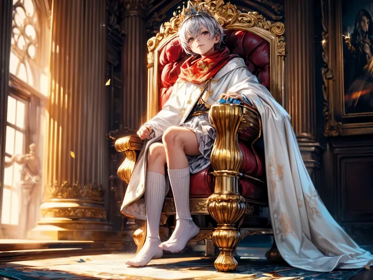 Leg Focus, (best quality,4k,8k,highres,masterpiece:1.2),ultra-detailed,(realistic,photorealistic,photo-realistic:1.37),A cute (little boy) wearing a (white cloak) and a (silk long skirt), best wrinkle, best shadow, White long stockings, (no shoes), soft cu...