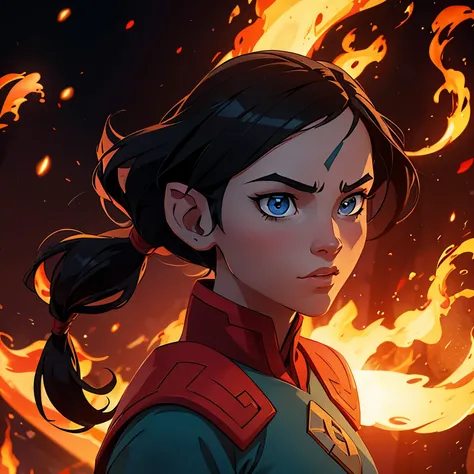 The animation is like the avatar character of The Last Airbender, a teenage girl from the Fire Nation who is the avatar controlling all elements with black hair