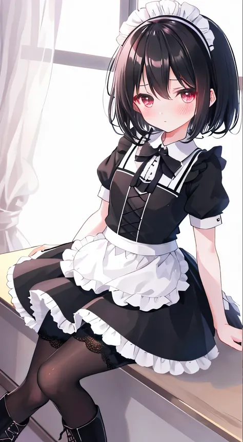 loli,short black hair,maid outfit,Black lace-up boots,white pantyhose,blush shy,classroom scene,demon