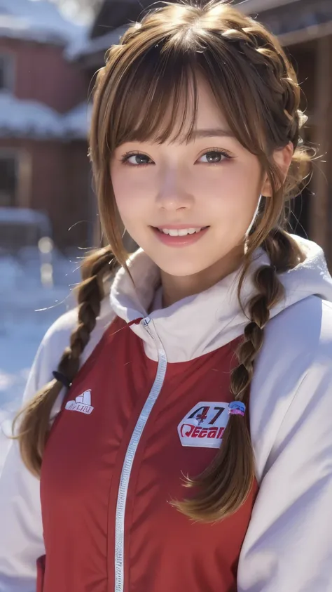 “(best quality,4k,8k,highres,masterpiece:1.2),ultra-detailed,(realistic,photorealistic,photo-realistic:1.37),portrait,light,blush:1.1,blonde hair,brown hair,winter clothes,girl,smiling,looking at the viewer,warm smile,red cheeks,braided hair,simple backgro...