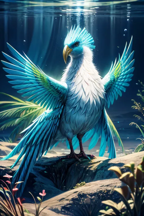 Imagine a beautiful bird growing up in an underwater environment, surrounded by white glowing fibered grass. The scene is filled with colorful gradients, creating a vibrant and mesmerizing atmosphere. The bird itself is a masterpiece, with every detail cap...