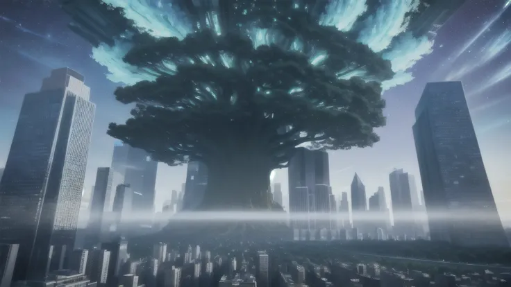 Surreal illustration, Giant fear, super sky scene，Including the whole body of the giant tree in the middle of the picture, Very high and magical lights, The trees are surrounded by a highly modern city, There are buildings and city streets, colossus landsc...