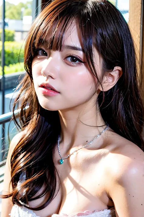 Canon RF85mm f/1.2,masterpiece,highest quality,ultra high resolution,VC,1 girl,(korean mixed,K-POPアイドル:1.2),alone,white_shiny_skin,black eye,necklace,((Brown_short_wavy_hair)),((pink_shiny_lips)),eyelash,前hair,make,compensate,shiny,pore,skin texture,bracel...