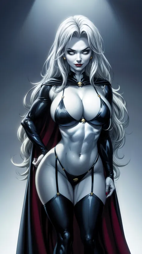 neringa as lady_death_bikini_ facing front,power stance, mascara, blank_eyes,long hair,breasts,white hair,makeup,navel,lipstick,...