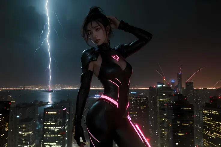 In a futuristic cityscape consumed by chaos, a lone warrior babe stands atop a skyscraper, her silhouette cutting through the neon-lit skyline. She wears sleek, high-tech armor adorned with glowing accents that pulse with energy. With a fierce expression, ...