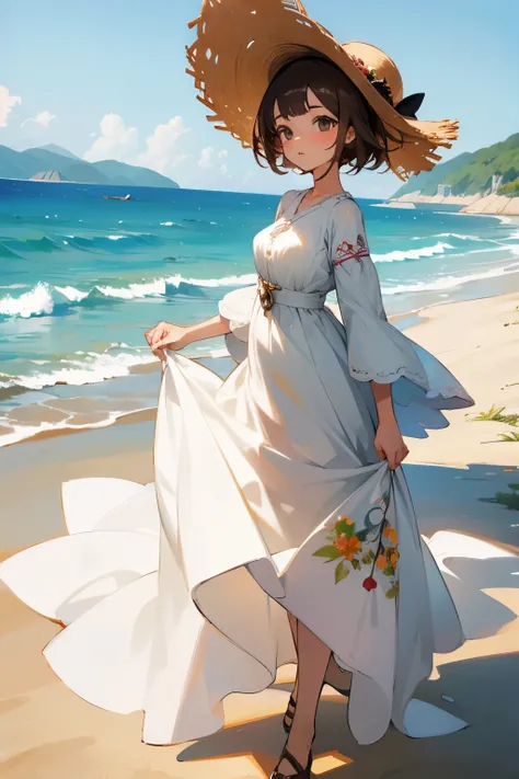 Masterpiece、Huge landscape（（Mysterious sea、Sandy beach））、Beauty Girl、Huge nipple、Brown hair short hair、Embroidery on a long dress、Straw hat decorated with flowers