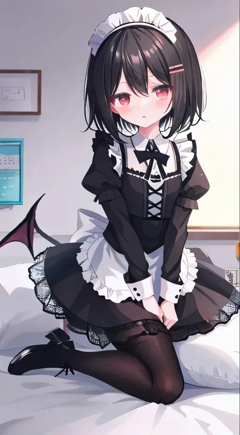 loli,short black hair,maid outfit,Black lace-up boots,white pantyhose,blush shy,classroom scene,demon