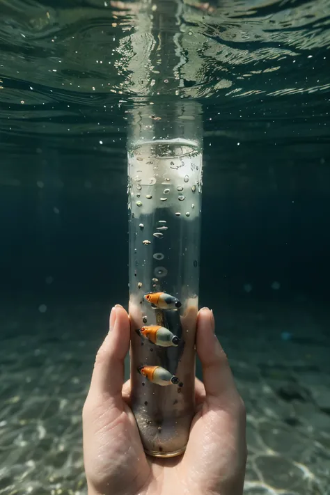 "The long pill  contains water inside, with small colorful fishes swimming in it."