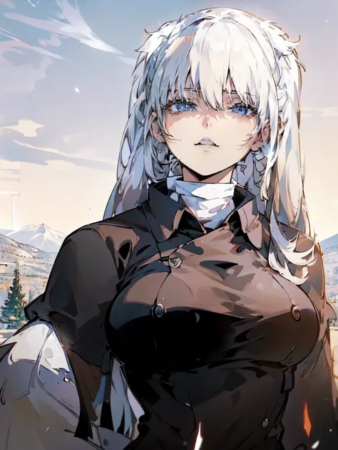 anime girl with long white hair and black outfit standing in front of a mountain, perfect white haired girl, white haired, white haired deity, white haired lady, girl with white hair, white-haired, official art, anime style like fate/stay night, silver hai...