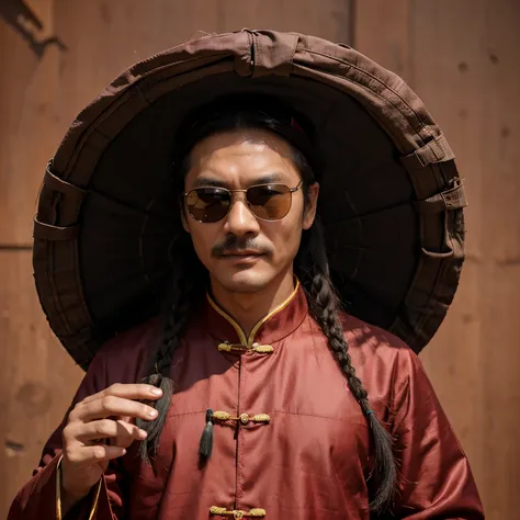 Chinese guy around 40-50 years old, had braid hair, wear black sun-glasses, had thin and very long mustache, wear chinese hat, and wear red long sleeve Chinese cloth