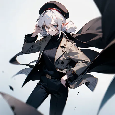 A pale white elf with white twintails hair wearing a black beret, black round glasses, black turtleneck sweater and black trenchcoat and black pants, anime