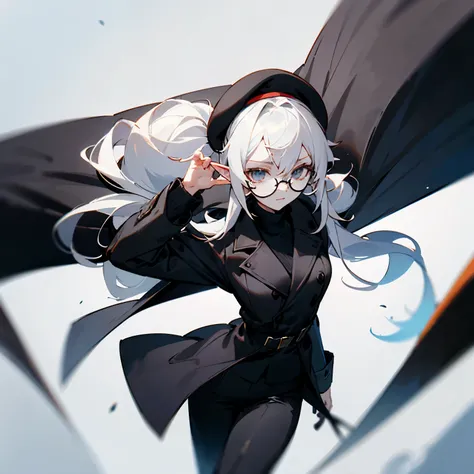 A pale white elf with white twintails hair wearing a black beret, black round glasses, black turtleneck sweater and black trenchcoat and black pants, anime